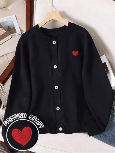 Resyla Suéter de punto de cuello redondo con estampado de corazón, de manga larga, para mujer, para otoño/invierno, tipo cárdigan regular