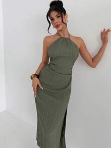 Firerie Women's Elegant Romantic Date Holiday Dress, Green Halter Neck Backless Ruched Waist Straight Hem Dress, Beach Holiday Dress, Beach Cover Up - Olive Green - View 5