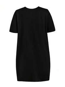 SHEIN MOOSTA Plus Size Summer Casual Loose Fit Letter Print Drop Shoulder Dress - Black - View 2