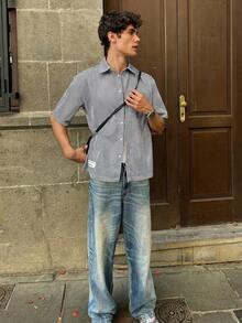 SWAVVY 男士休闲条纹短袖衬衫，夏季 - 灰色 - 查看 3