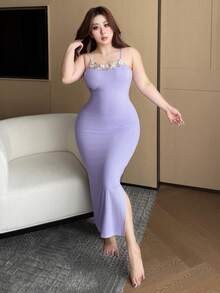 Dazy Plus Elastic Bodycon Camisole Mermaid Maxi Dress, Loose Cardigan Pajama Set - Purple - View 7