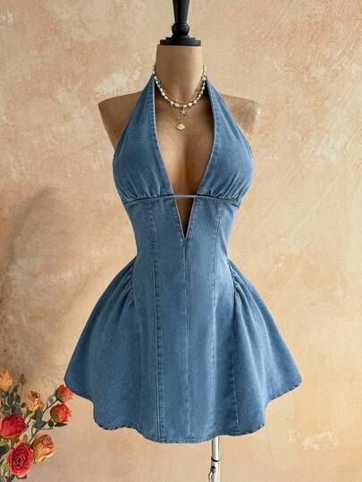Soleia Women's Sexy Deep V-Neck Denim Dress