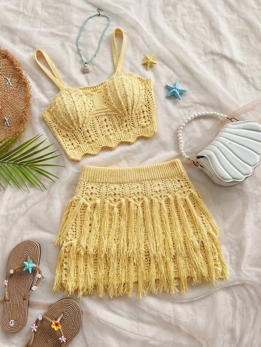 Soleia Women's Hollow-Out Design Camisole Knit Top And Fringed Knit Mini Skirt 2 Pieces Set, Summer Outfit For Women - Yellow - View 1