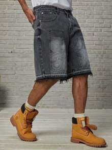 GALLERY FADE Young Street-Style Washed Black Slim Fit Straight Leg Denim Shorts With Anime Laser Print, Spring/Summer - Black - View 1