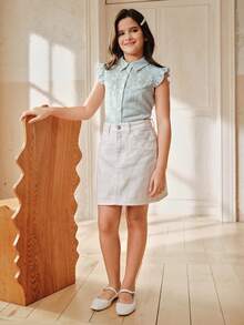 Anewsta 少女串珠装饰短袖上衣，甜美风格 - 藍色 - 查看 6