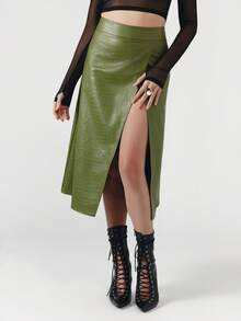 OverBlushhh Falda midi de mujer de cintura alta con vuelo, abertura cruzada lateral, efecto piel de cocodrilo de cuero sintético verde, elegante y chic, para trabajo, oficina, fiesta, primavera - Verde - Ver 7