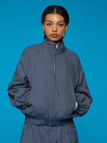 COUREZ Veste de survêtement zippée à col montant style quadrillé/Y2K printemps pour femmes, vestes bleues, vestes légères, vestes d'été mignonnes pour sortir, vestes d'été pour festival de printemps-été, veste de sport à col cheminée - Bleu azur - Voir 4
