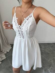 Elenzga Sleeveless Floral Lace Patchwork Elastic Waist A-Line Elegant Casual Sexy Summer Beach Dress For Women - White - View 5