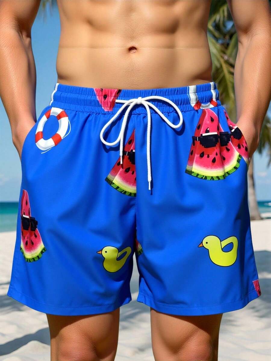 Manfinity Swimmode Men's Casual Watermelon Print Beach Shorts - Blue - View 1