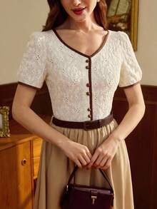 Vintamour 复古优雅女士针织上衣，提花刺绣纹理花卉撞色滚边纽扣，休闲通勤、度假、夏季、春假、情人节外出必备单品 - 米色 - 查看 4