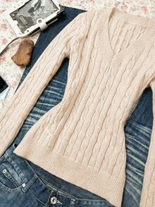 Glimmora Grey Slim Fit V-Neck Cable Knit Top - Apricot - View 3