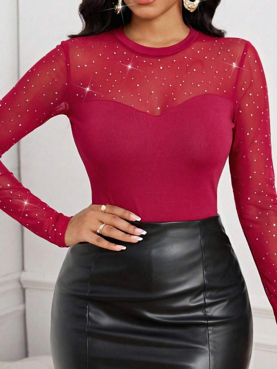 SHEIN Lady Élégant et sexy, simple, minimaliste, chemise moulante en dentelle pour femme, idéale pour le travail - Rouge foncé - Voir 1