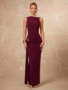 Lumalex 女士无袖休闲通勤连衣裙 - 酒紅色 - 查看 6