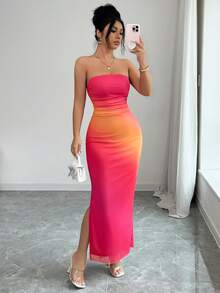 Rafferiza Women's Elegant Ruched Tie Dye Mesh Print Waist Cinched Strapless Party Split Dress - Pink - View 5
