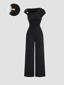Sweetra Y2K Sexy Metal Buckle Versatile Commute Wide Leg Jumpsuit - Black - View 1