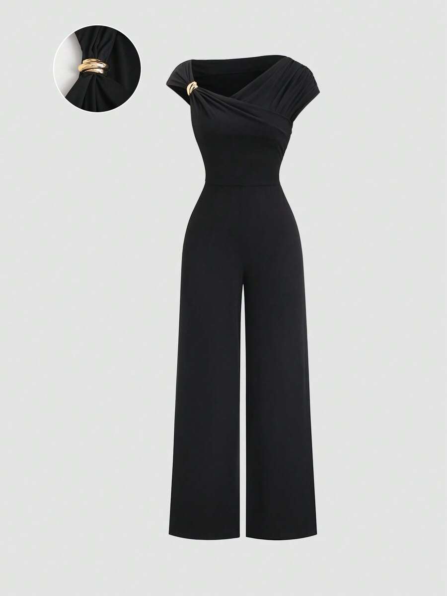 Sweetra Y2K Sexy Metal Buckle Versatile Commute Wide Leg Jumpsuit - Black - View 1