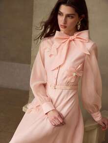 MOTF PREMIUM WOMEN'S ROMANTIC ELEGANT BOW TIE 3D FLORAL DRESS - Coral Pink - View 8