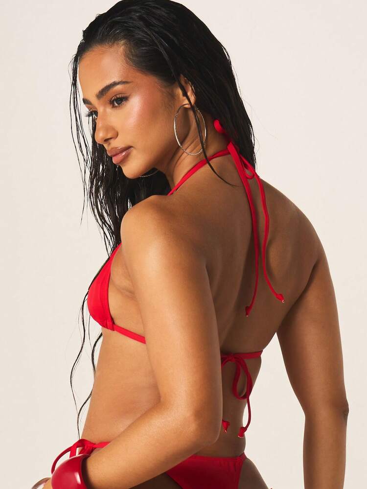 MISSGUIDED Watermelon Patch Bikini Set Red Triangle Halter Top With Side Tie Bottom Summer Beach Swimwear Two Piece