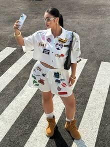 Muchica Bộ đồ 2 mảnh thường ngày dành cho nữ cỡ lớn mùa Xuân/Hè 2026, gồm áo ngắn tay in chữ và quần short, kiểu dáng thường ngày. - Màu be - Xem 7