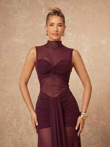 Lumalex Đầm không tay cổ xếp ly phối lưới màu trơn dành cho nữ - Màu Đỏ Sâu - Xem 4