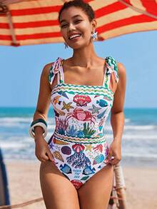 Travachic Women's Starfish & Crab Print One-Piece Swimsuit, Suitable For Beach Vacation, Pool Party, Beach Party - Multicolor - View 8