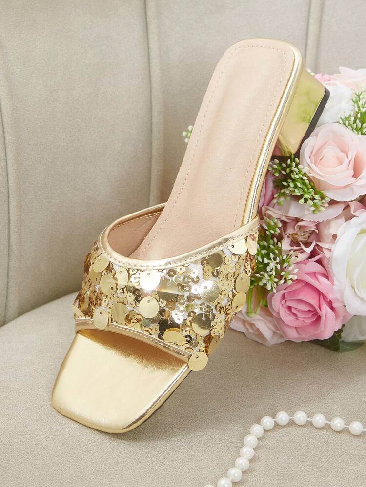 CUCCOO HITCHD Women Shoes Spring And Summer Sequin Square Toe 3.5CM Thick Heel Fashion Style Gold Thick Heel Slippers Wedding Valentine's Day Wear Wedding Shoes Spring Shoes Bride Shoes
