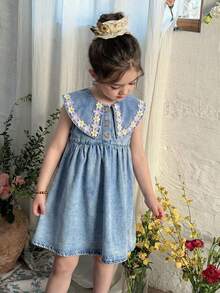 LMoss Kids Young Girl' Floral Trim Collar Blue Denim Sleeveless Loose Dress - Light Wash - View 1