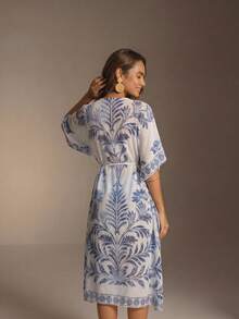 Swim Vcay Kimono suelto con flecos en las mangas de unicolor para mujer, adecuado para vacaciones - Azul y blanco - Ver 5