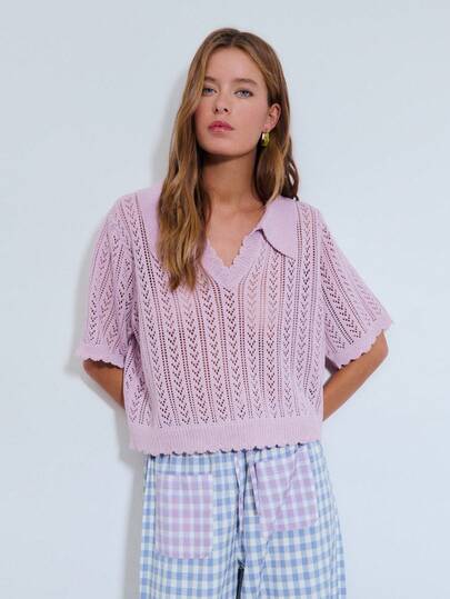 Nöista Lavender Knit Top Openwork Pattern With Short Sleeves And A Polo Collar Neck, Scalloped Edges. Spring, Summer, Easter.