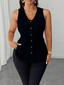 Elenzga 2025 New Plus Size Women's Elegant Fashion Daily Versatile V-Neck Open Front Pocket Decor Sleeveless Blouse, Spring/Summer - Black - View 4