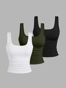 EMERY ROSE Áo tank top in họa tiết cỡ lớn, Áo tank top cổ tròn dáng casual cỡ lớn dành cho nữ, Áo tank top thời trang cỡ lớn dành cho nữ, Bộ 3 áo tank top cỡ lớn dành cho nữ, Áo tank top mùa hè - Nhiều màu - Xem 1