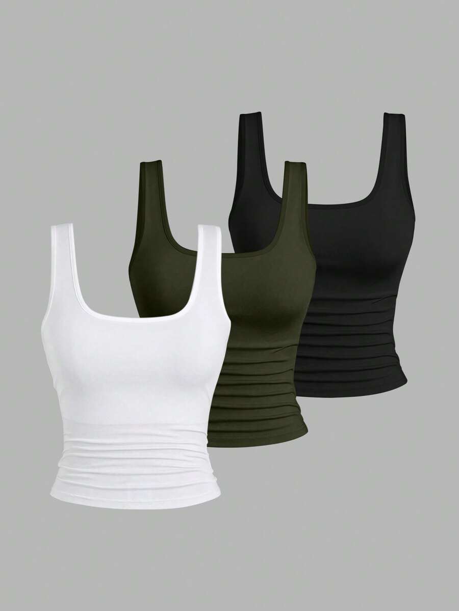 EMERY ROSE Áo tank top in họa tiết cỡ lớn, Áo tank top cổ tròn dáng casual cỡ lớn dành cho nữ, Áo tank top thời trang cỡ lớn dành cho nữ, Bộ 3 áo tank top cỡ lớn dành cho nữ, Áo tank top mùa hè - Nhiều màu - Xem 1