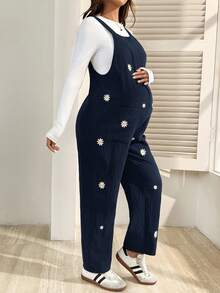 SHEIN Maternity Casual Commuter Daisy Embroidered Jumpsuit - Royal Blue - View 4