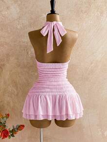 Soleia 白色露背扭结修身迷你连衣裙，金属配饰，贝壳装饰，适合秋冬季海滩度假穿着。 - 粉色 - 查看 2