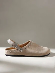 Solecia Women's Vintage Fashion Rivet Buckle Comfortable Versatile Simple Closed Toe Outer Wear Flat Bottom Mules Slippers Summer - Grey - View 1