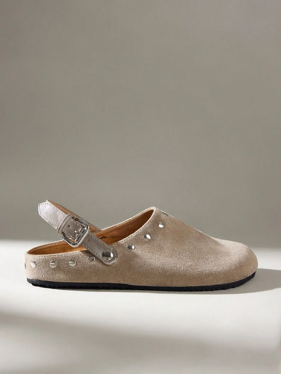 Solecia Women's Vintage Fashion Rivet Buckle Comfortable Versatile Simple Closed Toe Outer Wear Flat Bottom Mules Slippers Summer - Grey - View 1