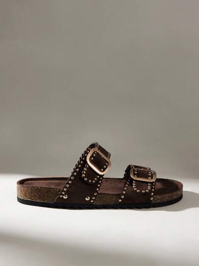 Solecia Women's Summer Casual Studded Decor Buckle Flat Sandals