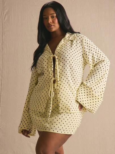 MUSERA Plus Size Polka Dot Tie Front Long Sleeve Shirt Spring Summer Elegant Easter Cute Vacation Casual Everyday Sunlight Social Holiday