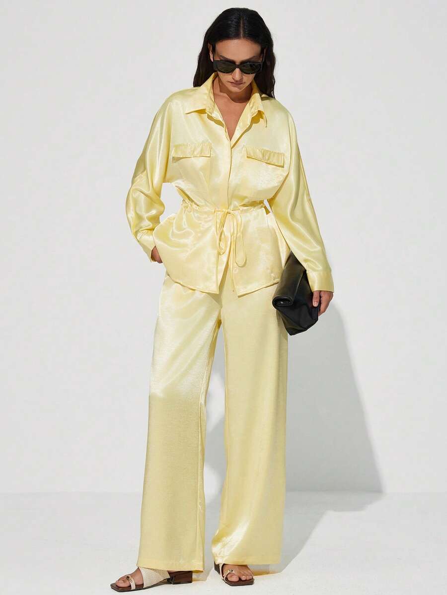 Aveloria Modichic New Arrival Casual Loose Flowing Satin Long Sleeve Collared Waist Design Blouse Paired With Straight Leg Pants 2 Pieces Set - Yellow - View 1