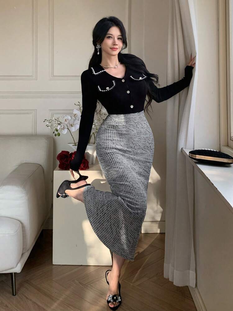 Spring & Summer Black Plaid 2 In 1 Embroidered Ribbon Rhinestone Shiny Cocktail Party Wedding Formal Dress, Elegant Midi Length Bodycon Dress For Women Sundress