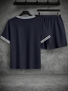 Manfinity Homme 男士纽约字母条纹图案休闲圆领T恤短裤套装，简约设计，适合通勤和户外活动，男士春夏必备短袖短裤两件套 - 彩色 - 查看 2