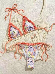 Swim Mod 女士新款格纹荷叶边V领露背三角裹身系带比基尼泳衣两件套，春夏比基尼套装，女士比基尼套装，女士沙滩装，比基尼，比基尼套装，遮盖度 - 彩色 - 查看 2