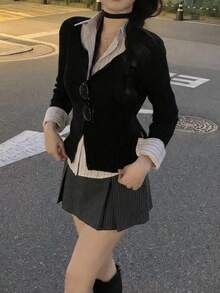 DAZY 女士条纹韩式休闲百褶裙 - 灰色 - 查看 2