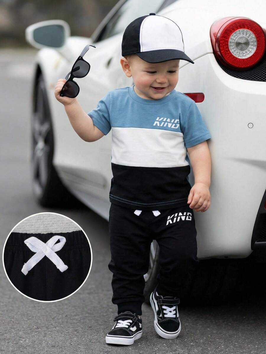 SHEIN Playful Pals 两件套幼儿男童休闲撞色字母印花短袖圆领T恤和松紧腰裤，适合儿童日常休闲穿着，男童套装，秋季款，适合3岁男童，婴幼儿男童服装，秋季款 - 彩色 - 查看 1