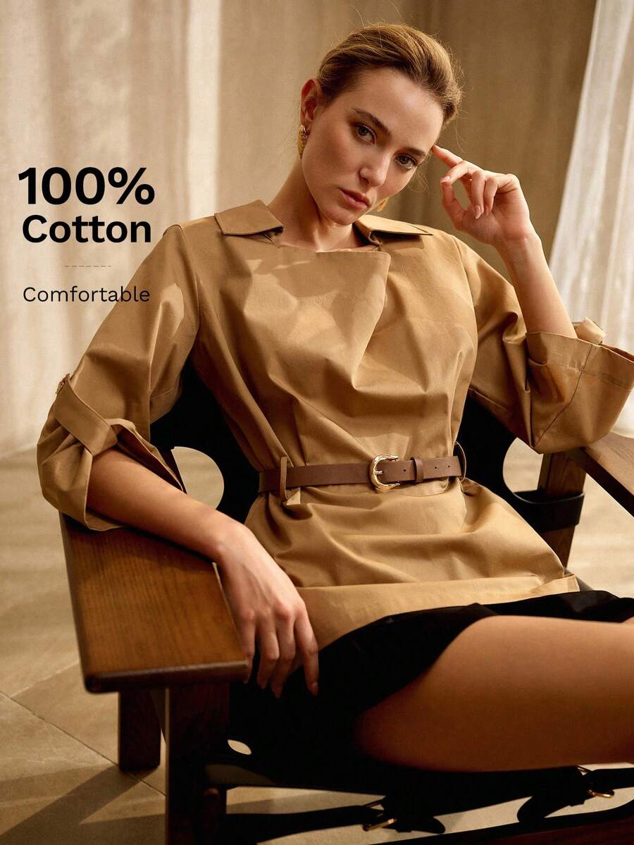MOTF PREMIUM 100% COTTON 3/4 SLEEVE LOOSE BELTED SHIRT, VINTAGE STYLE - Khaki - View 2