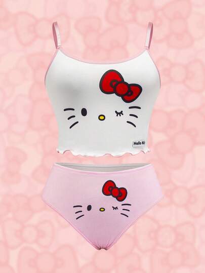 HELLO KITTY AND FRIENDS | SHEIN 女士卡通印花吊带背心和比基尼内裤休闲日常内衣套装