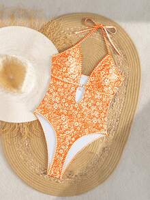 Swim Mod 2026新款女士夏季沙滩度假蓝白图案印花吊带露背性感高衩连体泳衣 - 橘色 - 查看 6