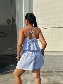 Muchica 大码女式条纹荷叶边吊带背心和短裤两件套 - 藍白色 - 查看 9
