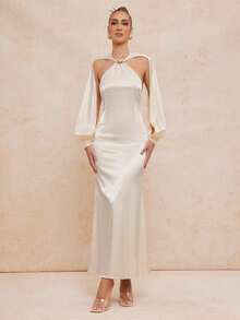 Lumalex VITNOS 新款可调节露背吊带长袖连衣裙，金属装饰，修身鱼尾设计 - 杏色 - 查看 9