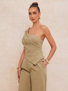 Lumalex Women's Casual One-Shoulder Metal Buckle Outfit Summer Pant Suit Summer Sets Beige Two Piece Set Two Piece Set Women Elegant Early Spring Asymmetric Collar Cinched Waist Straight Leg Women's Suit Set Luxury NewYearNewLook QuietLuxe Prom Gathering Party Banquet Modest Old Money Glitter Holiday Party Rave Festival Outing Vacation Hot Outdoor Richly Layered Wedding VDayGiftGuide RomanticVDayOutfit Season Banquet ID Party New Year Looks Of Party - Khaki - View 7